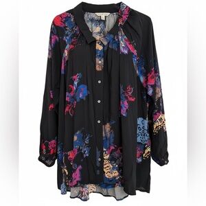 FREE PEOPLE Meadow Lark Black Floral Oversized Tunic Blouse 100% Rayon S-L